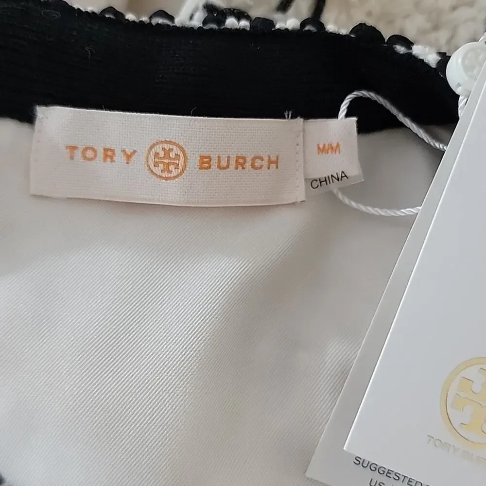 Tory‎ Burch Black Ivory Sleeveless Tweed Midi Dress Medium